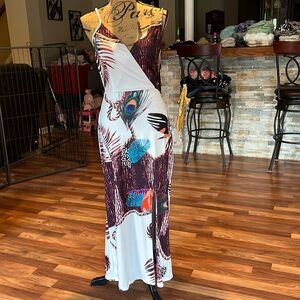 Size XL maxi peacock feather dress with open back portion